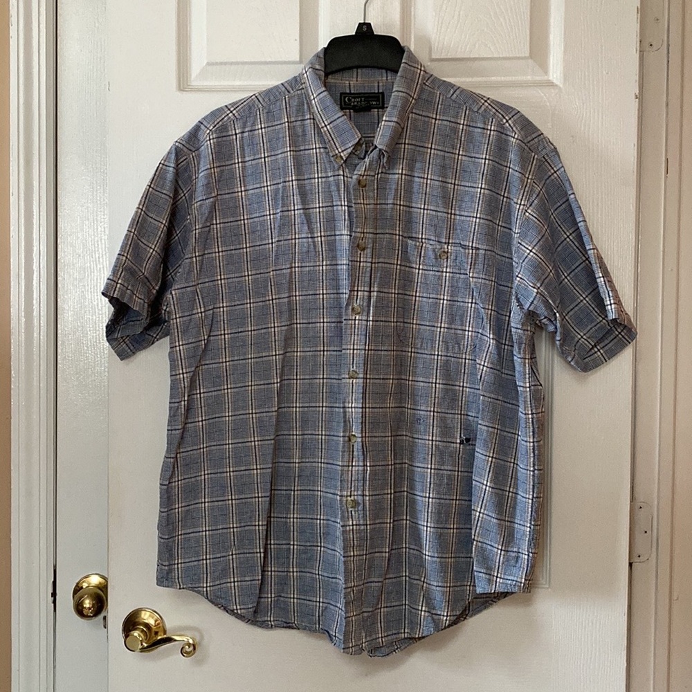 VTG 90’s Cotton Linen Blue Plaid Short Sleeve Button Down Shirt